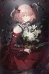  1girl anri_(synthesizer_v) black_bow black_thighhighs blonde_hair blurry blurry_background blush bouquet bow chinese_commentary closed_mouth dress fingernails fishnet_thighhighs fishnets flower green_eyes hair_bow hair_ornament hairclip highres jiusheng_(huaichuan) medium_hair mixed-language_commentary nail_polish red_bow red_dress red_nails second-party_source solo synthesizer_v thighhighs torn_clothes torn_dress two_side_up white_flower 