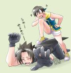  1boy 1girl black_gloves black_hair black_pants child closed_eyes crisis_core_final_fantasy_vii cross_scar final_fantasy final_fantasy_vii furrowed_brow gloves hair_slicked_back headband highres hood hood_down open_mouth outstretched_hand pants parted_bangs scar scar_on_cheek scar_on_face shikiwo shoes short_hair shorts sign sketch smile weapon weapon_on_back white_headband white_shorts yellow_shoes yuffie_kisaragi zack_fair 