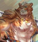  1boy abs akiyakamikawa animal_ears armpits bara bare_pectorals biceps blood blood_on_body blood_on_face blue_eyes bruise chinese_commentary commentary_request dated fangs furry furry_male grin highres injury lin_hu_(nekojishi) looking_to_the_side male_focus muscular muscular_male nekojishi nipples orange_fur pectorals signature smile tiger_boy tiger_ears torn_clothes 