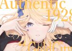  1girl animal_ears black_choker black_jacket blonde_hair blue_bow blue_eyes blush bow chahiro chain character_name choker commentary_request ear_bow fingernails gloves gold_city_(umamusume) half_gloves highres horse_ears horse_girl jacket long_hair long_sleeves looking_at_viewer nail_polish one_eye_closed pendant_choker sidelocks simple_background single_glove single_half_glove smile solo umamusume upper_body white_background white_gloves 
