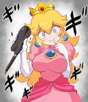  1girl breasts dress elbow_gloves false_smile frying_pan gloves highres kurachi_mizuki large_breasts mario_(series) pink_dress pink_skirt princess_peach skirt smile solo white_gloves 