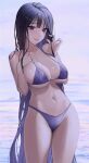  1girl absurdres bangs bare_shoulders bikini black_hair blue_bikini blue_eyes blue_hair blurry blurry_background blush breasts cleavage closed_mouth commentary cowboy_shot gradient_hair hand_in_own_hair hand_on_own_chest highres large_breasts lips long_hair looking_at_viewer multicolored_hair navel ocean original outdoors solo stomach subong swimsuit symbol-only_commentary thighs 