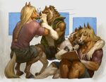  &lt;3 amber_eyes anthro arm_on_shoulder athletic athletic_anthro athletic_male biceps black_bottomwear black_clothing black_nose black_shorts blonde_hair bottomwear braided_hair braided_ponytail brasa_(jerome_jacinto) brown_body brown_fur canid canine canis clothed clothing crouching cuddling duo equid equine eyes_closed facial_markings fur furgonomics grey_background hair head_markings hi_res horse jerome_jacinto khaki_shorts khakis kissing male mammal mane markings pen purple_clothing purple_shirt purple_topwear romantic romantic_couple shirt shorts simon_(jerome_jacinto) simple_background sketchbook t-shirt tank_top topwear vest were werecanid werecanine werewolf white_body white_clothing white_fur white_shirt white_topwear wolf 