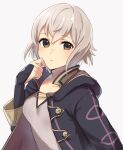  1girl alternate_hair_length alternate_hairstyle bangs black_coat brown_eyes closed_mouth coat collarbone fire_emblem fire_emblem_awakening grey_background grey_hair grey_shirt hair_between_eyes haru_(nakajou-28) long_sleeves looking_at_viewer open_clothes open_coat robin_(fire_emblem) robin_(fire_emblem)_(female) shiny shiny_hair shirt short_hair simple_background sketch solo upper_body 