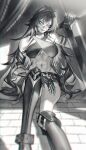  1girl abs absurdres arm_armor bangs blurry blurry_background blurry_foreground boots breasts criss-cross_halter crossed_bangs dehya_(genshin_impact) depth_of_field genshin_impact greatsword greyscale grin halterneck highres long_hair looking_at_viewer midriff monochrome muscular muscular_female navel rhine_(overtonerhine) sitting smile solo spot_color stomach teeth thigh_boots very_long_hair weapon 