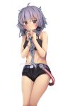  1girl :o a.i._voice absurdres bangs bare_arms bare_shoulders black_bra black_shorts blush bra feet_out_of_frame highres holding holding_hair isurugi_gen looking_at_viewer own_hands_together parted_lips pink_eyes purple_hair short_hair_with_long_locks short_shorts shorts sidelocks simple_background solo standing tearing_up tears underwear white_background yuzuki_yukari yuzuki_yukari_(nagi) 