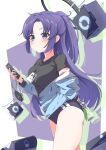  1girl absurdres arm_behind_back black_buruma black_shirt blue_archive blue_jacket blush bottle breasts buruma cellphone fumi_(fumibeing) gym_uniform halo highres id_card jacket long_hair off_shoulder open_clothes open_jacket phone ponytail purple_eyes purple_hair shirt short_sleeves smartphone solo star_sticker sticker_on_face thighs track_jacket water_bottle yuuka_(blue_archive) yuuka_(gym_uniform)_(blue_archive) 