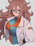  1girl android_21 blue_eyes breasts brown_hair checkered_clothes checkered_dress closed_mouth dragon_ball dragon_ball_fighterz dress earrings grey_background hair_between_eyes hoop_earrings jewelry kemachiku labcoat large_breasts long_hair long_sleeves red_ribbon_army solo upper_body 