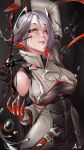  1girl absurdres aili_si_yu_guo alternate_breast_size animification apex_legends arm_up black_background blood_moon_catalyst bodysuit breasts catalyst_(apex_legends) chinese_commentary clothing_cutout colored_inner_hair gloves grey_eyes grey_hair hair_between_eyes half-closed_eyes highres liquid looking_at_viewer medium_breasts multicolored_hair official_alternate_costume orange_hair red_gloves short_hair shoulder_cutout smile solo upper_body white_bodysuit wide_hips 