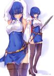  1girl arm_support armor bangs blue_dress blue_eyes blue_hair boots breastplate catria_(fire_emblem) clenched_teeth covered_navel dress elbow_gloves fire_emblem fire_emblem:_mystery_of_the_emblem full_body gloves grey_footwear hair_between_eyes highres holding holding_weapon kirishima_satoshi long_hair looking_at_viewer shiny shiny_hair short_dress shoulder_armor side_slit sleeveless sleeveless_dress solo standing straight_hair teeth thigh_boots twitter_username weapon white_background white_gloves 