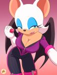  anthro armwear bedroom_eyes big_breasts breasts chiropteran cleavage clothed clothing elbow_gloves female furboz gloves handwear hi_res mammal narrowed_eyes rouge_the_bat seductive sega skinsuit solo sonic_prime sonic_the_hedgehog_(series) tight_clothing unzipped wings 