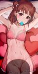  1girl armpits arms_behind_head arms_up breasts brown_hair cleavage closed_mouth collarbone condom condom_in_mouth condom_wrapper double_bun frills hair_bun heart heart_pillow highres idolmaster idolmaster_cinderella_girls kozeni_isari lingerie long_hair looking_at_viewer mouth_hold munakata_atsumi navel panties pillow purple_eyes see-through small_breasts smile solo underwear underwear_only white_panties 