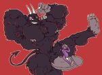  biceps black_body black_fur cigar claws cuphead_(game) demon duo fur genitals hi_res horn humanoid imp looking_at_viewer male muscular muscular_male nipples pecs penis purple_body quads red_background remert simple_background smoking spade_tail the_devil_(cuphead) triceps video_games 