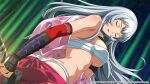  1girl bamboo bamboo_forest breasts chouun_shiryuu closed_eyes detached_sleeves facing_viewer floating_hair forest fundoshi grey_hair hakama highres holding holding_sword holding_weapon ikkitousen japanese_clothes katana large_breasts long_hair long_sleeves nature official_art open_mouth panties red_hakama red_sleeves sarashi shiny shiny_skin solo straight_hair sword underboob underwear very_long_hair weapon white_panties 