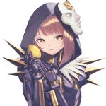  1girl android apex_legends ash_(titanfall_2) ash_(titanfall_2)_(cosplay) brown_eyes brown_hair cosplay fallen_angel_ash food fruit fur-trimmed_hood fur_trim head_tilt holding holding_food holding_fruit hood hood_up lemon mask mask_on_head open_mouth original portrait shimizu_tomoki shirt shoulder_spikes simple_background smile solo spikes white_background white_shirt 