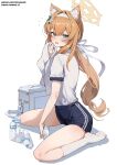  1girl :d blue_archive blue_eyes blush brown_hair cooler flying_sweatdrops gym_uniform hairband halo highres kneehighs long_hair looking_at_viewer mari_(blue_archive) plastic_bottle ponytail shorts simao_(x_x36131422) sitting smile socks solo towel wariza white_socks 