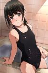  1girl absurdres arm_support bangs bare_arms bathroom black_hair black_one-piece_swimsuit blush collarbone dated_commentary grey_eyes highres looking_at_viewer matsunaga_kouyou original parted_lips short_hair sidelocks solo steam straddling swimsuit tile_wall tiles wet 