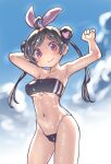  1girl aaaa_(quad-a) ahoge arm_behind_head armpits bandeau bikini black_hair borrowed_character breasts commentary_request covered_nipples cowboy_shot double_bun gris_swimsuit hair_bun highres large_breasts lowleg lowleg_bikini meme_attire navel original purple_eyes second-party_source smile solo swimsuit twintails underboob 