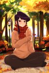  1girl artist_name autumn bench black_eyes black_hair black_pantyhose commentary day english_commentary full_body indian_style komi-san_wa_komyushou_desu komi_shouko lamppost long_hair long_sleeves looking_at_viewer outdoors paid_reward_available pantyhose patreon_username plaid plaid_scarf red_scarf scarf sitting smile solo squeezable_(artist) sweater tree watermark 