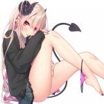  1girl bangs barefoot black_cardigan black_nails blush bow bow_panties brown_hair cardigan collared_shirt commentary_request curled_horns demon_girl demon_horns demon_tail ear_piercing earrings feet_out_of_frame grey_skirt hair_over_one_eye hand_on_own_knee hand_up highres horns jewelry knee_up long_hair long_sleeves looking_at_viewer multicolored_hair nail_polish original panties panties_around_one_leg parted_lips piercing pink_hair pink_panties pleated_skirt puffy_long_sleeves puffy_sleeves red_eyes school_uniform shirt simple_background skirt sleeves_past_wrists solo stud_earrings tail toenail_polish toenails two-tone_hair underwear very_long_hair white_background white_shirt yoye_(pastel_white) 