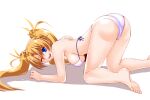  1girl ;d all_fours bare_arms bare_legs barefoot bikini blonde_hair blue_eyes blue_ribbon blush bradamante_(fate) braid breasts cameltoe engo_(aquawatery) fate/grand_order fate_(series) floating_hair large_breasts long_hair looking_at_viewer one_eye_closed open_mouth ribbon shiny shiny_hair shoulder_blades sideboob smile soles solo swimsuit top-down_bottom-up twintails very_long_hair white_bikini 