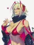  +_+ 1girl :d :q absurdres ant arknights bangs bare_shoulders bikini black_jacket black_scarf breasts bug cleavage collarbone fingernails grey_hair heart highres horns jacket large_breasts licking_lips long_fingernails long_sleeves mature_female multicolored_hair nail_polish open_clothes open_jacket open_mouth red_bikini red_eyes red_hair red_nails rhine_(overtonerhine) scarf short_hair smile solo strap_lift swimsuit tongue tongue_out two-tone_hair upper_body w_(arknights) 