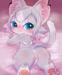  &lt;3 &lt;3_eyes anthro badwingm bed blush bodily_fluids butt crossed_arms dipstick_tail felid feline female fur furniture genitals grey_body grey_fur hi_res inner_ear_fluff looking_at_viewer looking_back looking_back_at_viewer lying mammal markings multicolored_eyes on_bed on_front pawpads pussy semi-anthro solo sweat tail_markings tuft 