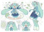  ambiguous_gender anthro blue_body blue_fur blue_hair bottomwear clothing dialogue fangs food fur girly hair hair_extensions hatsune_miku leek onion plant skirt solo speech_bubble vegetable vocaloid 