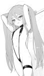  1girl armpits arms_behind_head blush covered_nipples flat_chest greyscale long_hair looking_at_viewer monochrome navel ohlia shakugan_no_shana shana slingshot_swimsuit solo sweat swimsuit thigh_strap very_long_hair 
