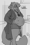  anthro bathrobe clothed clothing craving english_text felid feline hair hi_res kitchen kyrosh male mammal monochrome multi_nipple nipples open_bathrobe pantherine partially_clothed ponytail pregnant pregnant_male robe short_hair snow_leopard solo standing text 