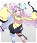  1girl bow-shaped_hair character_hair_ornament grey_pantyhose hair_ornament hexagon_print highres iono_(pokemon) jacket oversized_clothes pantyhose pokemon pokemon_(game) pokemon_sv sharp_teeth single_leg_pantyhose sleeves_past_fingers sleeves_past_wrists sushi_no_ikari teeth very_long_sleeves x yellow_jacket 