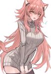  1girl :d absurdres animal_ear_fluff animal_ears arknights black_thighhighs blush breasts bright_pupils cowboy_shot dress gravel_(arknights) grey_dress grey_sweater highres large_breasts long_hair long_sleeves looking_at_viewer open_mouth orange_eyes pink_hair ribbed_sweater shino_duka smile solo sweater sweater_dress tail tail_through_clothes thighhighs very_long_hair zettai_ryouiki 
