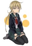  1girl absurdres black_thighhighs blonde_hair cosplay crescent crescent_pin green_skirt haida_katsuretsu highres jacket kantai_collection kisaragi_(kancolle) kisaragi_(kancolle)_(cosplay) long_hair long_sleeves low_twintails neckerchief satsuki_(kancolle) school_uniform serafuku shirt sitting skirt solo thighhighs twintails wariza white_background white_shirt 