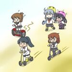  &gt;_&lt; 5girls :3 akatsuki_(kancolle) apron black_hair black_hakama black_pantyhose black_sailor_collar black_skirt black_socks brown_eyes brown_hair chibi closed_eyes commentary_request elbow_pads fang ferret-san folded_ponytail grey_eyes grey_hair hakama hakama_skirt helmet hibiki_(kancolle) houshou_(kancolle) ikazuchi_(kancolle) inazuma_(kancolle) inline_skates japanese_clothes kantai_collection kappougi kick_scooter kimono knee_pads long_hair multiple_girls musical_note neckerchief pantyhose pink_kimono pleated_skirt ponytail red_neckerchief roller_skates sailor_collar sandals scared school_uniform segway serafuku short_hair simple_background skates skin_fang skirt smile socks white_background 