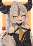  1girl :d absurdres bare_shoulders black_nails blush braid breasts detached_sleeves fangs grey_hair highres hololive horns la+_darknesss leaf maple_leaf mutsumi326 open_mouth pointy_ears purple_hair small_breasts smile solo virtual_youtuber yellow_eyes 