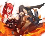 1girl ;d arknights bare_shoulders black_dress black_jacket black_pantyhose breasts burnt_clothes cleavage dress drive_shot fire from_side full_body highres holding horns jacket large_breasts legs_up long_hair long_sleeves looking_at_viewer looking_to_the_side no_shoes one_eye_closed open_clothes open_jacket open_mouth pantyhose purple_eyes red_hair simple_background smile solo surtr_(arknights) torn_pantyhose very_long_hair waving white_background 