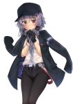  1girl :&lt; a.i._voice absurdres bangs black_headwear black_jacket black_pantyhose black_shorts blush closed_mouth feet_out_of_frame highres holding holding_hair isurugi_gen jacket jacket_on_shoulders looking_at_viewer open_clothes open_jacket own_hands_together pantyhose pantyhose_under_shorts pink_eyes purple_hair shirt short_hair_with_long_locks short_shorts shorts sidelocks simple_background solo standing v-shaped_eyebrows white_background white_shirt yuzuki_yukari yuzuki_yukari_(nagi) 