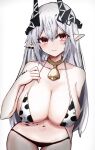  1girl 3: absurdres animal_print arknights arm_behind_back bangs bare_shoulders bell bikini blush breasts cleavage closed_mouth collarbone cow_print cowboy_shot earrings grey_hair hair_ornament hand_on_own_chest highres horns jewelry large_breasts long_hair looking_at_viewer mismatched_bikini mudrock_(arknights) navel neck_bell oripathy_lesion_(arknights) pointy_ears red_eyes simple_background solo swimsuit touko_(toko12_tooko) very_long_hair white_background 