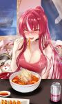  1girl bangs black_choker blunt_bangs blush breasts can choker cleavage crying crying_with_eyes_open doll eating food highres hololive houshou_marine kaji_zarame large_breasts long_hair multicolored_hair noodles nose_blush pink_tank_top ponytail ramen red_hair soda_can spicy tank_top tears yellow_eyes 