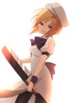  1girl absurdres back_bow bangs black_thighhighs blonde_hair blue_eyes bow bowtie crying dress front_slit hair_between_eyes highres higurashi_no_naku_koro_ni holding holding_weapon looking_at_viewer medium_hair nami_(snow) open_mouth purple_bow purple_bowtie ryuuguu_rena shiny shiny_clothes shiny_legwear short_sleeves simple_background solo standing tears thighhighs weapon white_background white_dress 