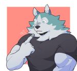  absurd_res anthro biceps black_clothing blue_body blue_fur brand_new_animal canid canine canis clothed clothing collar eyes_closed fur hi_res inner_ear_fluff male mammal muscular muscular_anthro muscular_male ni_draw shirou_ogami solo studio_trigger topwear tuft white_body wolf 