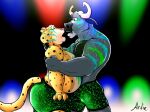  abs anthro artietheartbull benjamin_clawhauser biceps bottomwear bovid bovine butt cattle cheetah chief_bogo clothed clothing digital_media_(artwork) disney duo felid feline fur horn male male/male mammal muscular muscular_anthro muscular_male nude open_mouth pecs shorts simple_background spots zootopia 