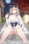  1girl absurdres ass_visible_through_thighs black-framed_eyewear black_bow blue_archive bottle bow breasts brown_hair chinatsu_(blue_archive) chinatsu_(hot_spring)_(blue_archive) cleavage commentary_request full_moon glasses hair_bow halo highres holding holding_bottle japanese_clothes kimono kunikune large_breasts legs long_hair looking_at_viewer medium_hair milk_bottle moon night night_sky off_shoulder onsen outdoors panties pointy_ears sitting sky solo underwear water wet white_kimono white_panties yellow_eyes 