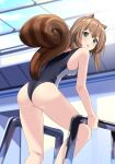  1girl animal_ears ass ayunda_risu breasts brown_hair green_eyes highres hololive hololive_indonesia indoors medium_breasts nonstop_nut_november one-piece_swimsuit open_mouth short_hair solo squirrel_ears squirrel_girl squirrel_tail swimsuit tail virtual_youtuber wet yuyu5x 