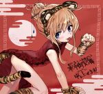 1girl 2022 :p all_fours animal_ears animal_print blonde_hair blue_eyes blush bpqd china_dress chinese_clothes chinese_zodiac dress fake_animal_ears fingerless_gloves flat_chest gloves hair_bun hair_ornament hair_stick hairband highres long_hair looking_at_viewer original sidelocks solo tail thick_eyebrows tiger_ears tiger_print tiger_tail tongue tongue_out year_of_the_tiger 