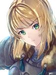  1girl absurdres armor bangs blonde_hair breastplate clear_glass_(mildmild1311) commentary_request fire_emblem fire_emblem:_three_houses fire_emblem_warriors:_three_hopes fur_trim green_eyes highres ingrid_brandl_galatea looking_at_viewer medium_hair official_alternate_costume official_alternate_hairstyle pauldrons shoulder_armor simple_background solo upper_body white_background 