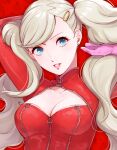  1girl arms_up bangs blonde_hair blue_eyes bodysuit breasts cleavage commentary ear_piercing gloves hair_ornament hairclip lips long_hair looking_at_viewer medium_breasts nm_ngi no_mask persona persona_5 piercing pink_gloves pink_lips red_background red_bodysuit solo swept_bangs takamaki_anne twitter_username upper_body very_long_hair wavy_hair zipper 