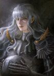  1boy absurdres androgynous armor bangs berserk blue_eyes curly_hair expressionless griffith_(berserk) hair_between_eyes helmet highres holding holding_helmet koha_(xxkohaku) long_hair looking_at_viewer male_focus shoulder_armor solo wavy_hair white_hair 