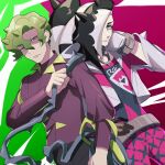  2boys bangs belt bike_shorts black_hair black_pants brassius_(pokemon) closed_mouth commentary_request cropped_jacket frown green_eyes green_hair grey_eyes hair_between_eyes hair_over_one_eye hand_on_hip hand_up highres holding jacket kaizawa_yuu long_hair long_sleeves male_focus multicolored_hair multiple_boys pants piers_(pokemon) plant pokemon pokemon_(game) pokemon_sv pokemon_swsh shirt short_hair two-tone_hair vines white_hair white_jacket 