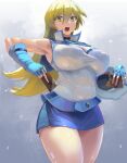  1girl abs arm_up ass bangs bare_shoulders belt blonde_hair blue_belt blue_gloves blue_skirt breasts card covered_navel duel_academy_uniform_(yu-gi-oh!_gx) duel_disk fingerless_gloves gloves hair_between_eyes hand_on_own_thigh holding holding_card kazo large_breasts long_hair miniskirt open_mouth shiny shiny_skin skirt sleeveless smile solo standing tenjouin_asuka thighs yellow_eyes yu-gi-oh! yu-gi-oh!_gx 